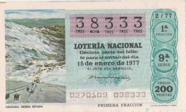 Loteria E00360: hoja nº 26. Loteria Nacional. Nº 38333, serie 9ª, fracción 1ª, precio 200 pesetas, sorteo 2/77 del 15 de Enero de 1977. Granada. Sierra Nevada