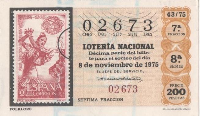 Loteria E00302: hoja nº 22. Loteria Nacional. Nº 02673, serie 8ª, frcción 7ª, precio 200 pesetas, sorteo 43/75 del 8 de Noviembre de 1975. Folklore