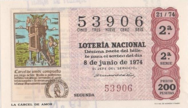 Loteria E00235: hoja nº 18. Loteria Nacional. Nº 53906, serie 2ª, fracción 2ª, precio 200 pesetas, sorteo 21/74 del 8 de Junio de 1974. La Cárcel del Amor