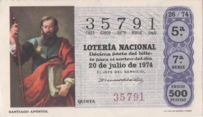 Loteria E00240: hoja nº 18. Loteria Nacional. Nº 35791. serie 7ª, fracción 5ª, precio 500 pesetas, sorteo 26/74 del 20 de Julio de 1974. Santiago Apostol