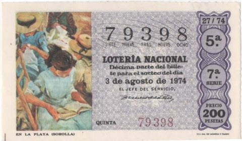 Loteria E00241: hoja nº 18. Loteria Nacional. Nº 79398, serie 7ª, fracción 5ª, precio 200 pesetas, sorteo 27/74 del 3 de Agosto de 1974. En la Playa (Sorolla)