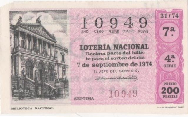 Loteria E00245: hoja nº 18. Loteria Nacional. Nº 10949, serie 4ª, fracción 7ª, precio 200 pesetas, sorteo 31/74 del 7 de Septiembre de 1974. Biblioteca Nacional