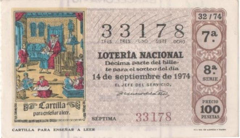 Loteria E00246: hoja nº 18. Loteria Nacional. Nº 33178, serie 8ª, fracción 7ª, precio 100 pesetas, sorteo 32/74 del 14 de Septiembre de 1974. Cartilla para enseñar a leer