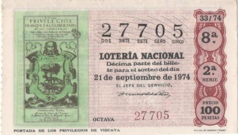 Loteria E00247: hoja nº 19. Loteria Nacional. Nº 27705, serie 2ª, fraccón 8ª, precio 100 pesetas, sorteo 33/74 del 21 de Septiembre de 1974. Portada de los privilegios de Vizcaya