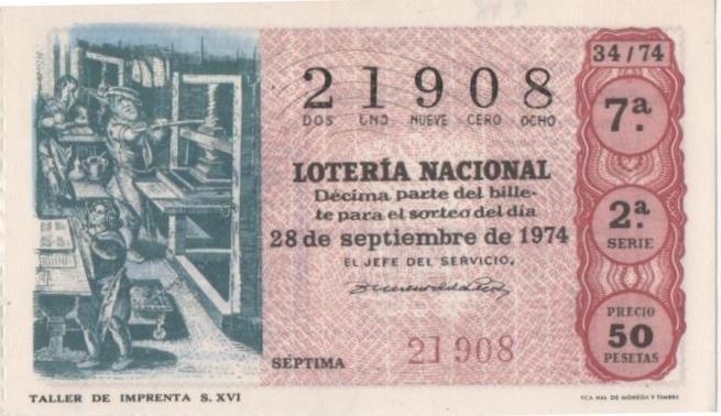 Loteria E00248: hoja nº 19. Loteria Nacional. Nº 21908, serie 2ª, fracción 7ª, precio 50 pesetas, sorteo 34/74 del 28 de Septiembre de 1974. Taller de Imprenta S.XVI