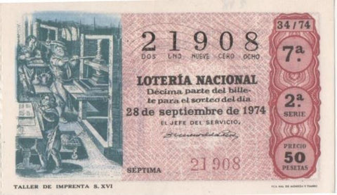 Loteria E00248: hoja nº 19. Loteria Nacional. Nº 21908, serie 2ª, fracción 7ª, precio 50 pesetas, sorteo 34/74 del 28 de Septiembre de 1974. Taller de Imprenta S.XVI