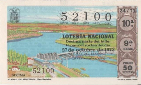 Loteria E00208: hoja nº 16. Loteria Nacional. Nº 52100, serie 9ª, fracción 10ª, precio 50 pesetas, sorteo 34/73 del 27 de Octubre de 1973. Canal de Montijo-Plan Badajoz 