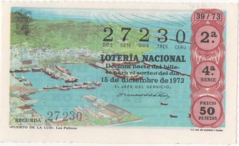 Loteria E00213: hoja nº 16. Loteria Nacional. Nº 27230, serie 4ª, fracción 2ª, precio 50 pesetas, sorteo 39/73 del 15 de Diciembre de 1973. Puerto de la Luz-Las Palmas