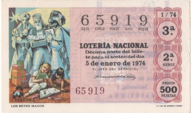 Loteria E00215: hoja nº 17. Loteria Nacional. Nº 65919, serie 2ª, fracción 3ª, precio 500 pesetas. Sorteo 1/74 del 5 de Enero de 1974. Los Reyes Magos