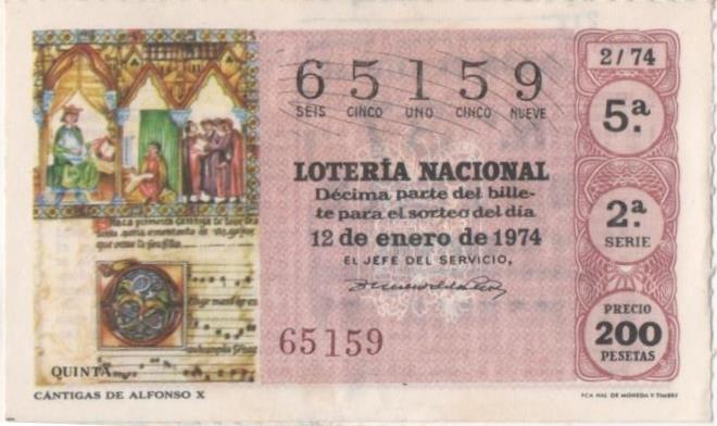 Loteria E00216: hoja nº 17. Loteria Nacional. Nº 65159, serie 2ª, fracción 5ª, precio 200 pesetas, sorteo 2/74 del 12 de Enero de 1974. Cánticas de Alfonso X