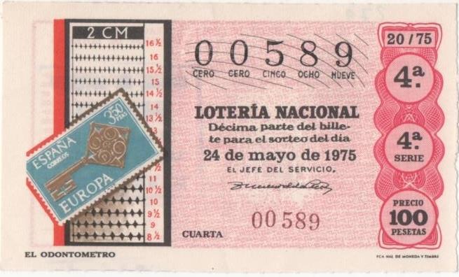 Loteria E00279: hoja nº 21. Loteria Nacional. Nº 00589, serie 4ª, fracción 4ª, precio 100 pesetas, sorteo 20/75 del 24 de mayo de 1975. El Odontometro