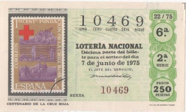 Loteria E00281: hoja nº 21. Loteria Nacional. Nº 10469, serie 2ª, fracción 6ª, precio 250 pesetas, sorteo 22/75 del 7 de Junio de 1975. Centenario de la Cruz Roja