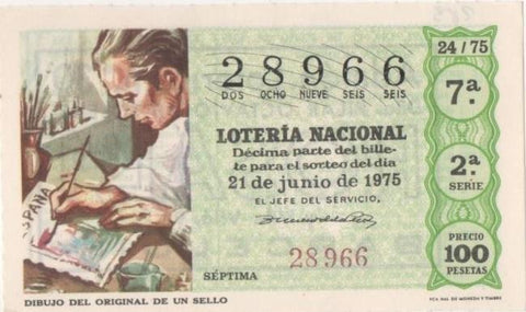 Loteria E00283: hoja nº 21. Loteria Nacional. Nº 28966, serie 2ª, fracción 7ª, precio 100 pesetas, sorteo 24/75 del 21 de Junio de 1975. Dibujo del original de un sello