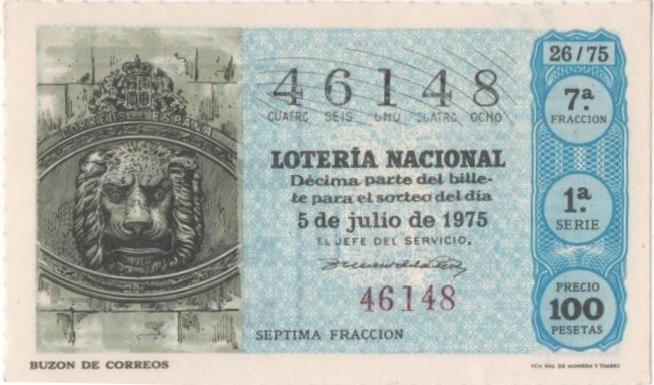 Loteria E00285: hoja nº 21. Loteria Nacional. Nº 46148, serie 1ª, fracción 7ª, precio 100 pesetas, sorteo 26/75 del 5 de Julio de 1975. Buzón de correos