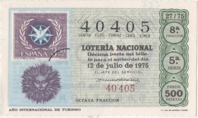 Loteria E00286: hoja nº 21. Loteria Nacional. Nº 40405, serie 5ª, fracción 8ª, precio 500 pesetas, sorteo 27/75 del 12 de Julio de 1975. Año Internacional del Turismo