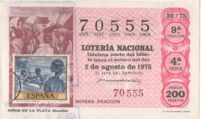 Loteria E00289: hoja nº 21. Loteria Nacional. Nº 70555, serie 4, fracción 9ª, precio 200 pesetas, sorteo 30/75 del 2 de Agosto de 1975. Niños en la Playa (Sorolla)