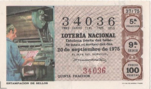 Loteria E00296: hoja nº 22. Loteria Nacional. Nº 34036, serie 9ª, fracción 5ª, precio 100 pesetas, sorteo 37/75 del 20 de Septiembre de 1975. Estampación de sellos