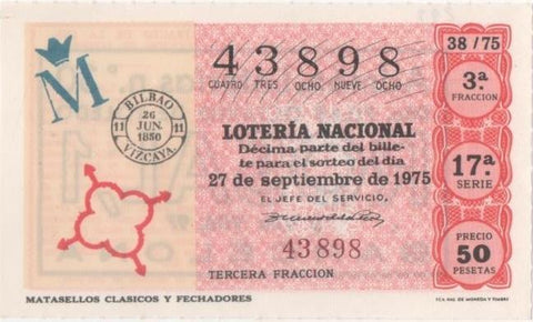 Loteria E00297: hoja nº 22. Loteria Nacional. Nº 43898, serie 17ª, fracción 3ª, precio 50 pesetas, sorteo 38/75 del 27 de Septiembre de 1975. Matasellos clasicos y fechadores