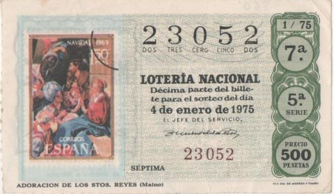 Loteria E00260: hoja nº 19. Loteria Nacional. Nº 23052, serie 5ª, fracción 7ª, precio 500 pesetas, sorteo 1/75 del 4 de Enero de 1975. Adoración de los Reyes Magos