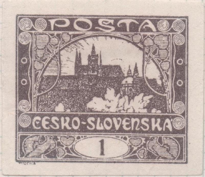 Sello E00001: hoja 1, Checoslovaquia: Sello marron sin perforar Vista de Hradcany (Casa de Praga) 1 Haleru 