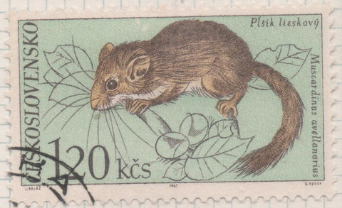 Sello E01445: hoja 92, Checoslovaquia: Sello Multicolor, dentado. Fauna del parque nacional de Tatra. Lirón enano. Muscardinus avellanarius, 1,20 Koruna