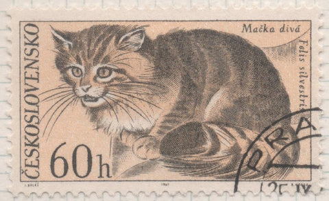 Sello E01443: hoja 92, Checoslovaquia: Sello Multicolor, dentado. Fauna del parque nacional de Tatra. Gato salvaje. Felis silvestris, 60 Haleru