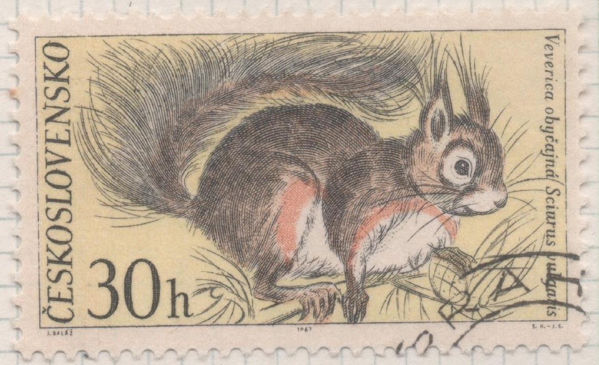 Sello E01442: hoja 92, Checoslovaquia: Sello Multicolor, dentado. Fauna del parque nacional de Tatra. Ardilla. Sciurus vulgaris, 30 Haleru