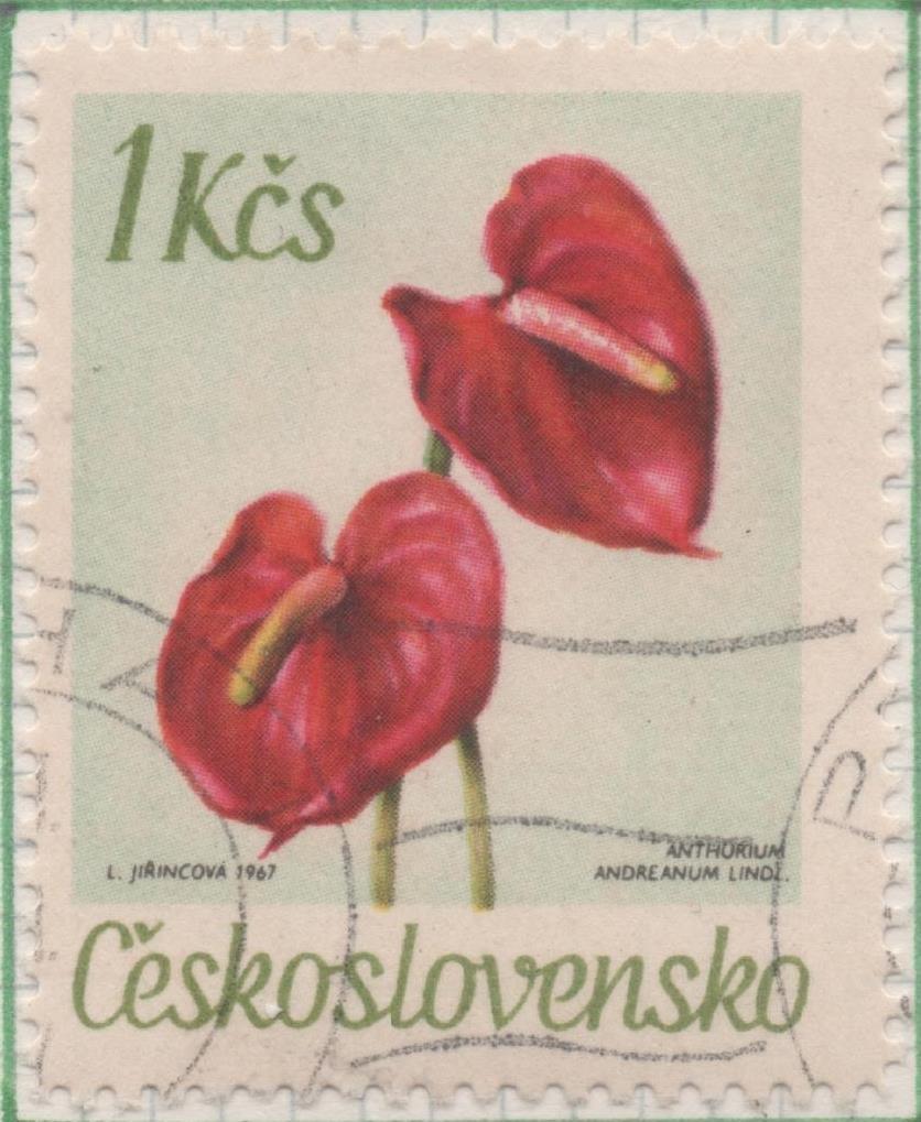 Sello E01439: hoja 92, Checoslovaquia: Sello Multicolor, dentado. Flores de jardines botánicos. Anturio. Anthurium andreanum, 1 Koruna