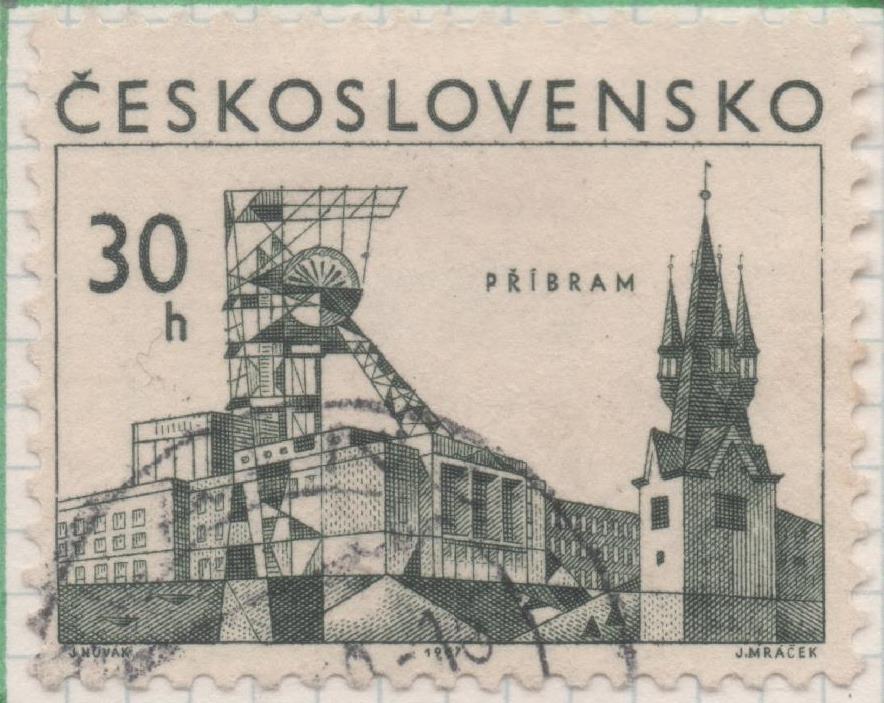 Sello E01433: hoja 91, Checoslovaquia: Sello Verde oscuro, dentado. Ciudades. Příbram, 30 Haleru