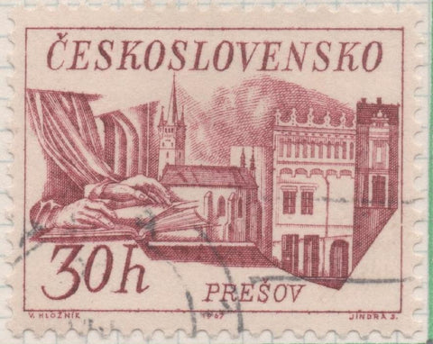 Sello E01432: hoja 91, Checoslovaquia: Sello Rojo oscuro, dentado. Ciudades. Prešov, 30 Haleru