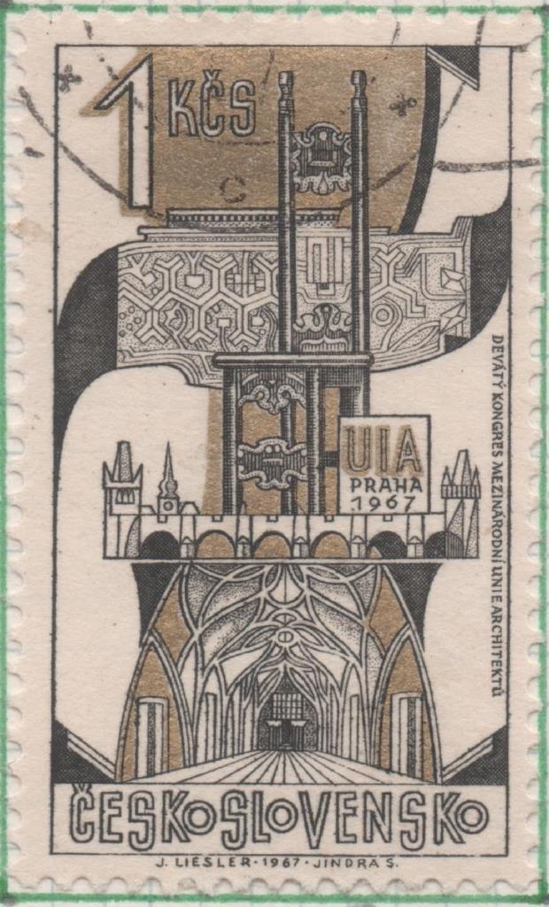 Sello E01427: hoja 91, Checoslovaquia: Sello Dorado y negro, dentado. IX Congreso de la unión internacional de arquitectos. Praga, 1 Koruna