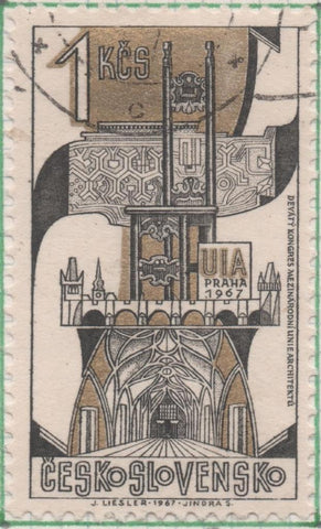 Sello E01427: hoja 91, Checoslovaquia: Sello Dorado y negro, dentado. IX Congreso de la unión internacional de arquitectos. Praga, 1 Koruna
