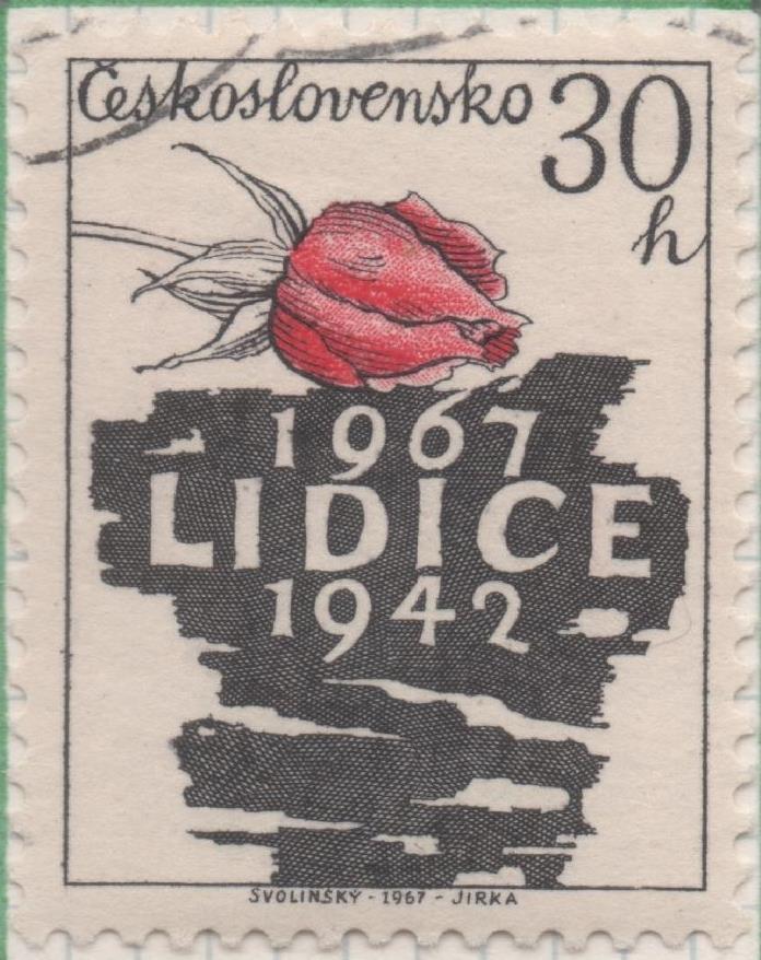 Sello E01426: hoja 91, Checoslovaquia: Sello Negro y rojo, dentado. 25º Aniversario de la destrucción de Lidice, 30 Haleru