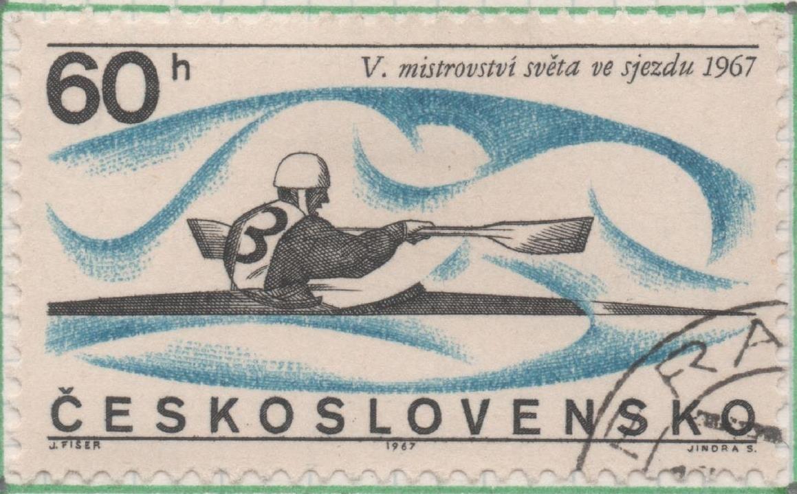 Sello E01421: hoja 91, Checoslovaquia: Sello Azul y negro, dentado. Acontecimientos Deportivos. 5º Mundial de canoa en aguas bravas,60 haleru