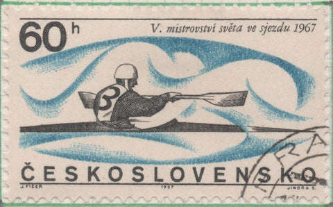 Sello E01421: hoja 91, Checoslovaquia: Sello Azul y negro, dentado. Acontecimientos Deportivos. 5º Mundial de canoa en aguas bravas,60 haleru