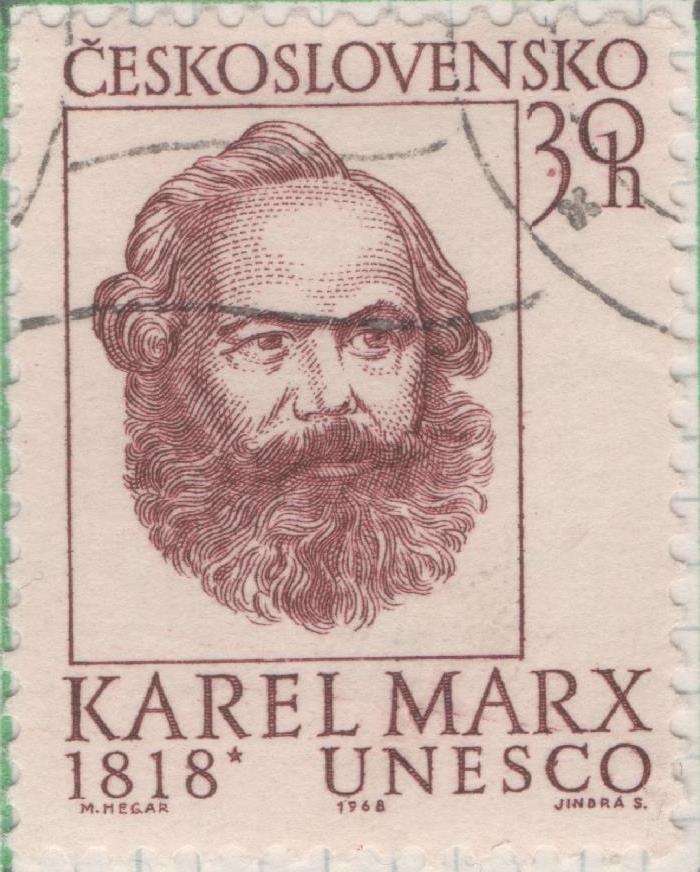 Sello E01478: hoja 94, Checoslovaquia: Sello Marron, dentado. 150 Aniv del Nacimiento de Karl Marx, 30 Haleru