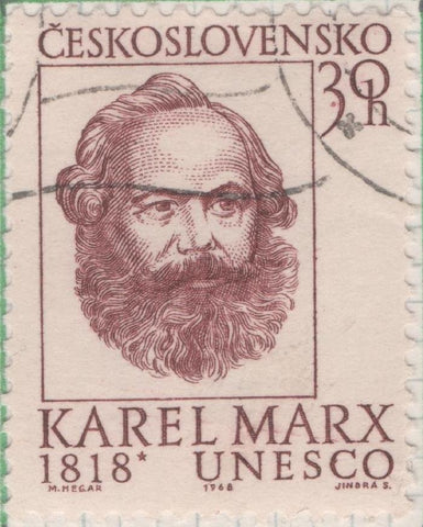 Sello E01478: hoja 94, Checoslovaquia: Sello Marron, dentado. 150 Aniv del Nacimiento de Karl Marx, 30 Haleru