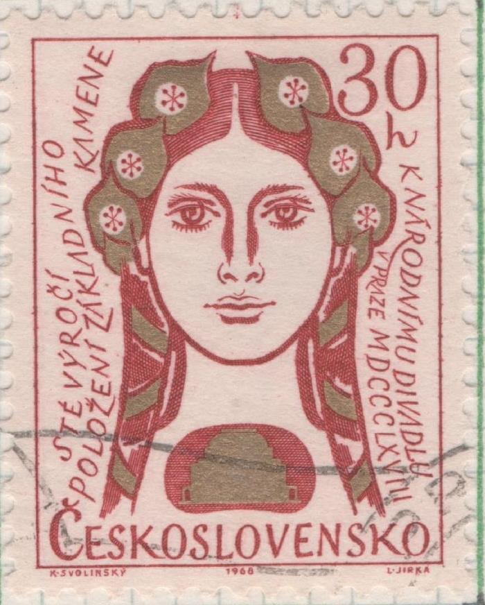Sello E01477: hoj a94, Checoslovaquia: Sello Granate y dorado, dentado. 1er Centenario del Teatro Nacional de Praga, 30 Haleru