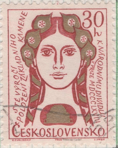 Sello E01477: hoj a94, Checoslovaquia: Sello Granate y dorado, dentado. 1er Centenario del Teatro Nacional de Praga, 30 Haleru
