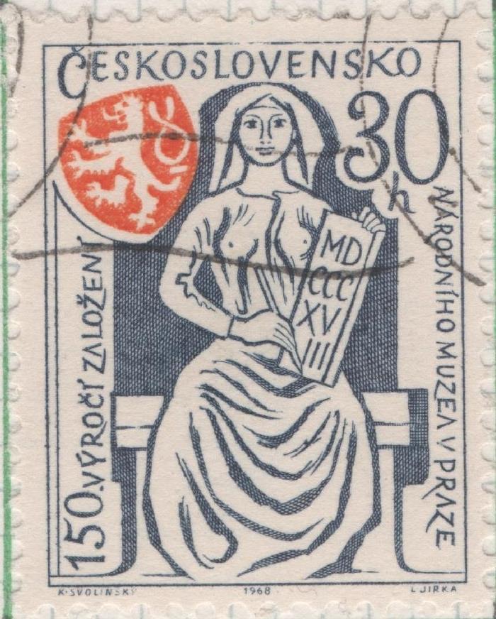 Sello E01476: hoja 94, Checoslovaquia: Sello Azul oscuro y rojo, dentado. 150 Aniv del Museo Nacional de Praga, 30 Haleru