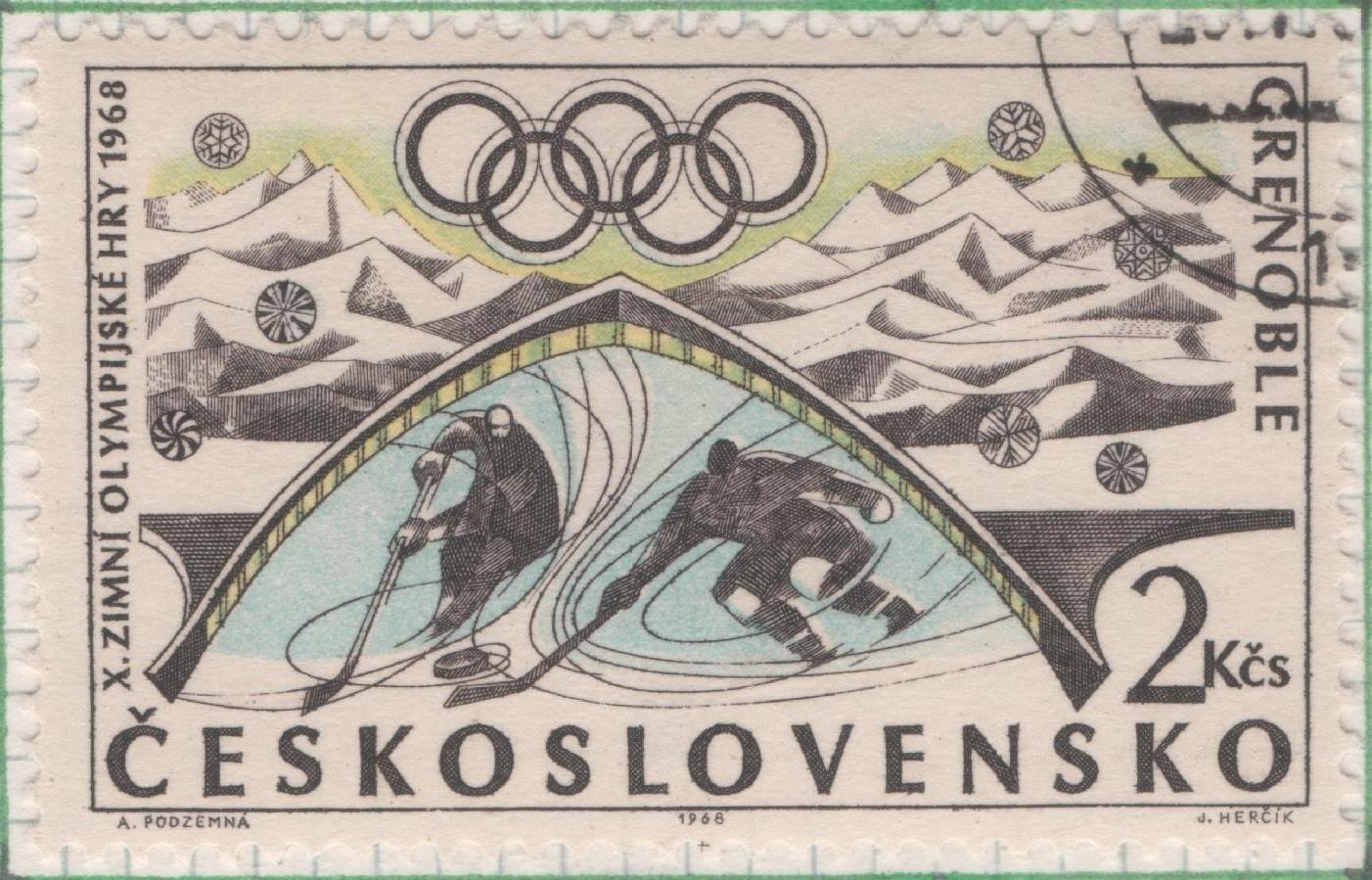 Sello E01469: hoja 94, Checoslovaquia: Sello Multicolor, dentado. Juegos Olímpicos de Invierno de Grenoble. Hockey hielo, 2 Koruny