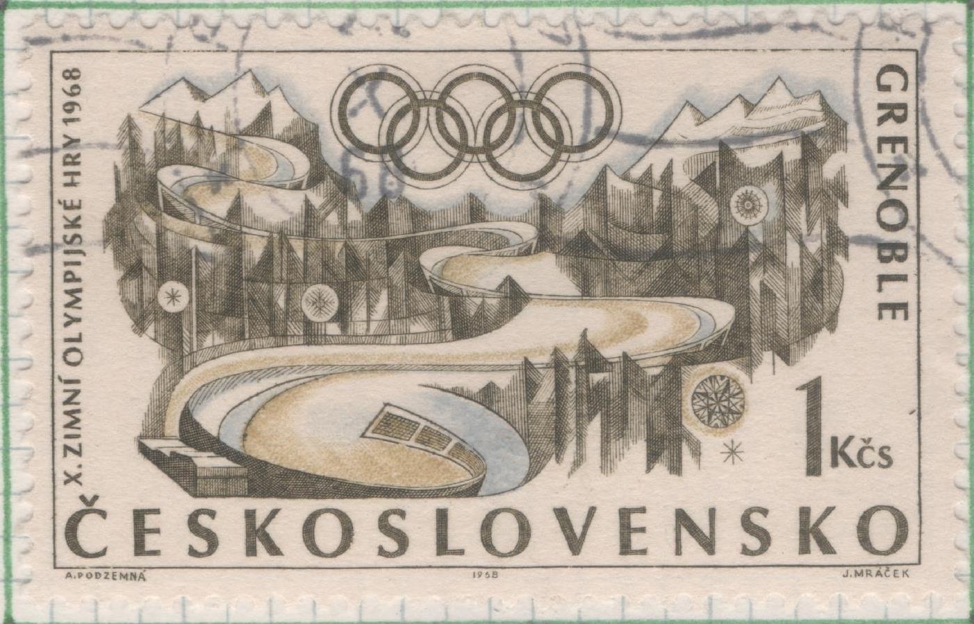 Sello E01467: hoja 94, Checoslovaquia: Sello Multicolor, dentado. Juegos Olímpicos de Invierno de Grenoble. Pista de bobsleigh, 1 Koruna