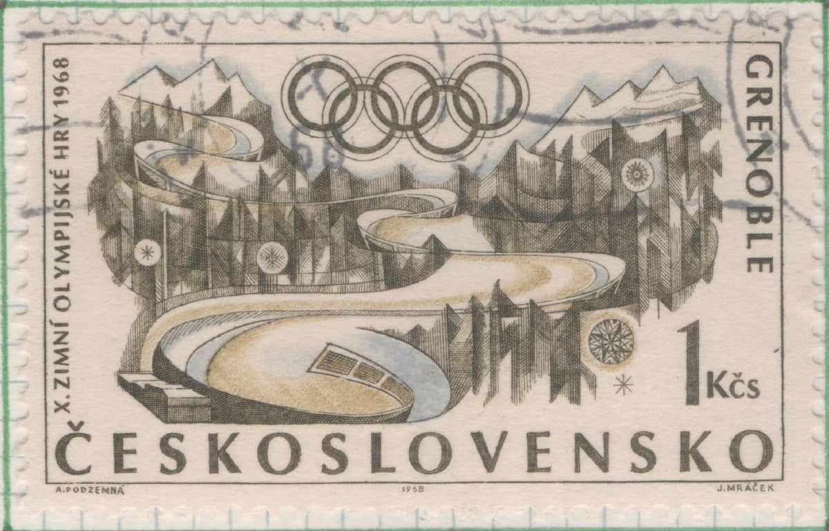 Sello E01467: hoja 94, Checoslovaquia: Sello Multicolor, dentado. Juegos Olímpicos de Invierno de Grenoble. Pista de bobsleigh, 1 Koruna