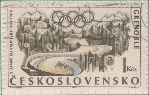 Sello E01467: hoja 94, Checoslovaquia: Sello Multicolor, dentado. Juegos Olímpicos de Invierno de Grenoble. Pista de bobsleigh, 1 Koruna