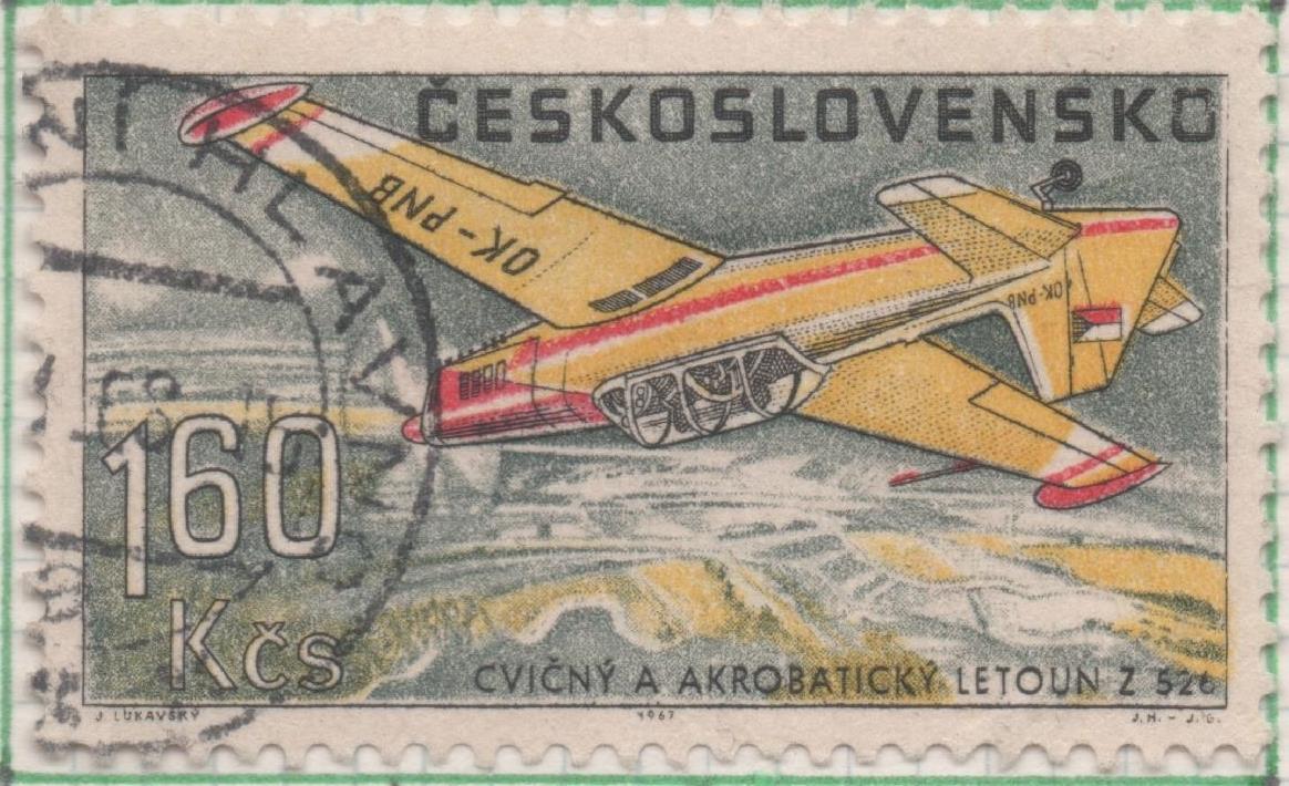 Sello E01464: hoja 93, Checoslovaquia: Sello Multicolor, dentado. Aviones. Acrobático Zlin Z - 526, 1,60 Koruna
