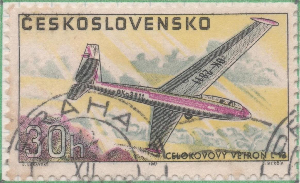 Sello E01460: hoja 93, Checoslovaquia: Sello Multicolor, detado. Aviones. Planeador Letov L - 13, 30 Haleru