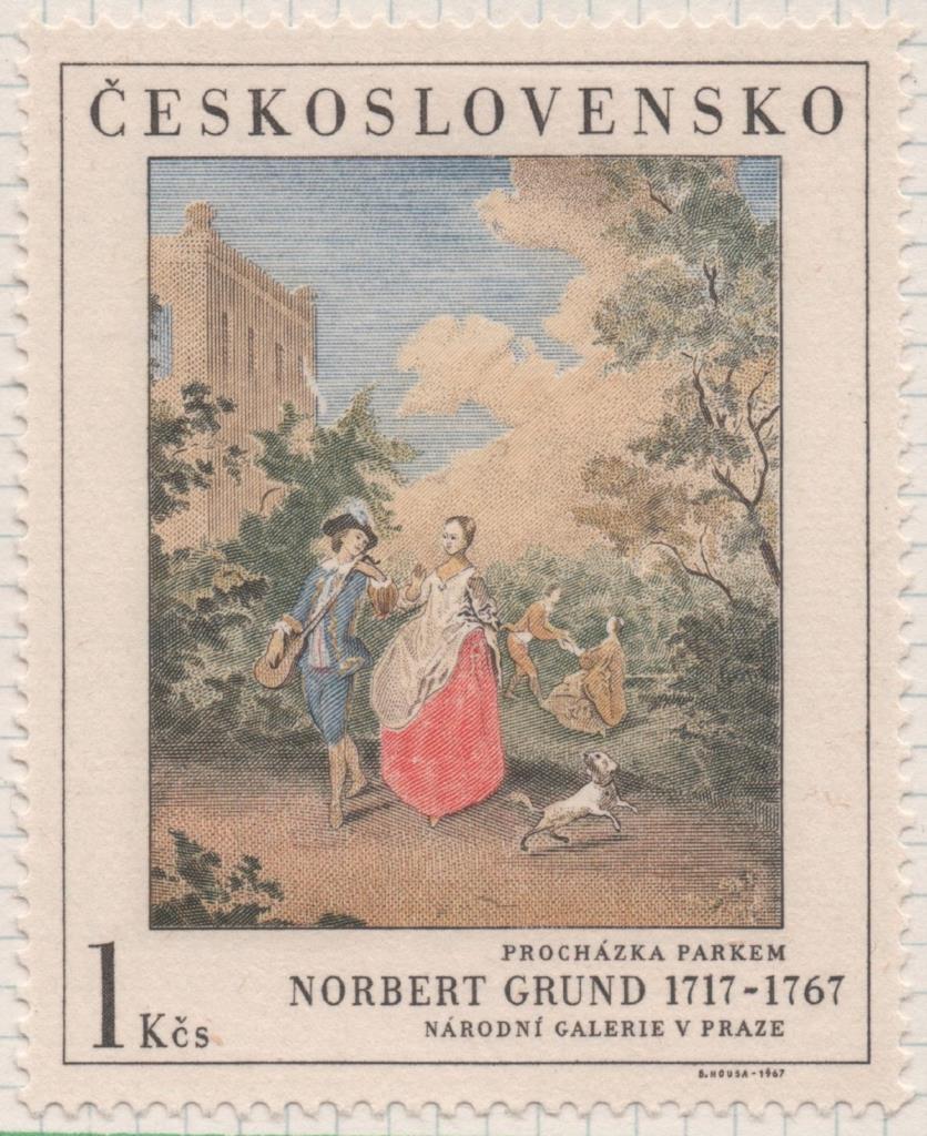 Sello E01454: hoja 93, Checoslovaquia: Sello Multicolor, dentado. Pinturas de la Galería Nacional de Praga. Paseo por el parque. N. Grund,1717-1767, 1 Koruna