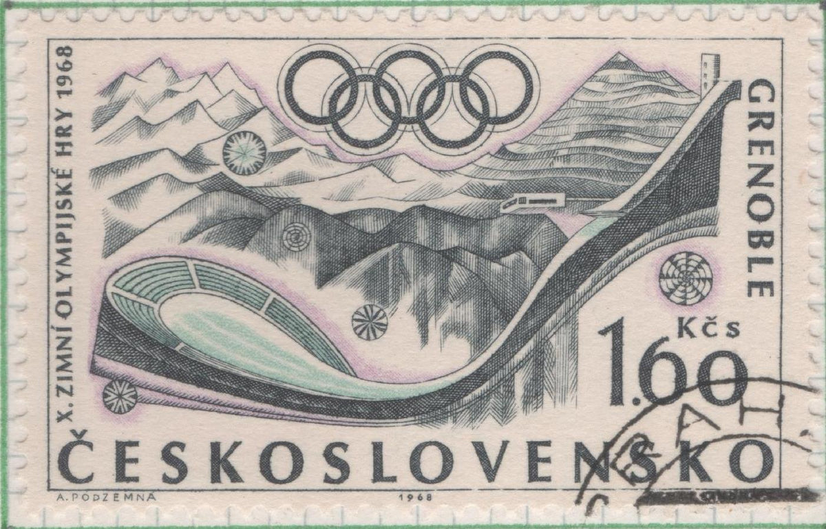 Sello E01468: hoja 94, Checoslovaquia: Sello Multicolor, dentado. Juegos Olímpicos de Invierno de Grenoble. Pendiente, 1,60 Koruna