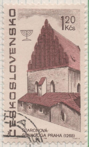 Sello E01418: hoja 90, Checoslovaquia: Sello Granate y marron, dentado. Cultura Judía. Sinagoga. 1268, 120 Koruna