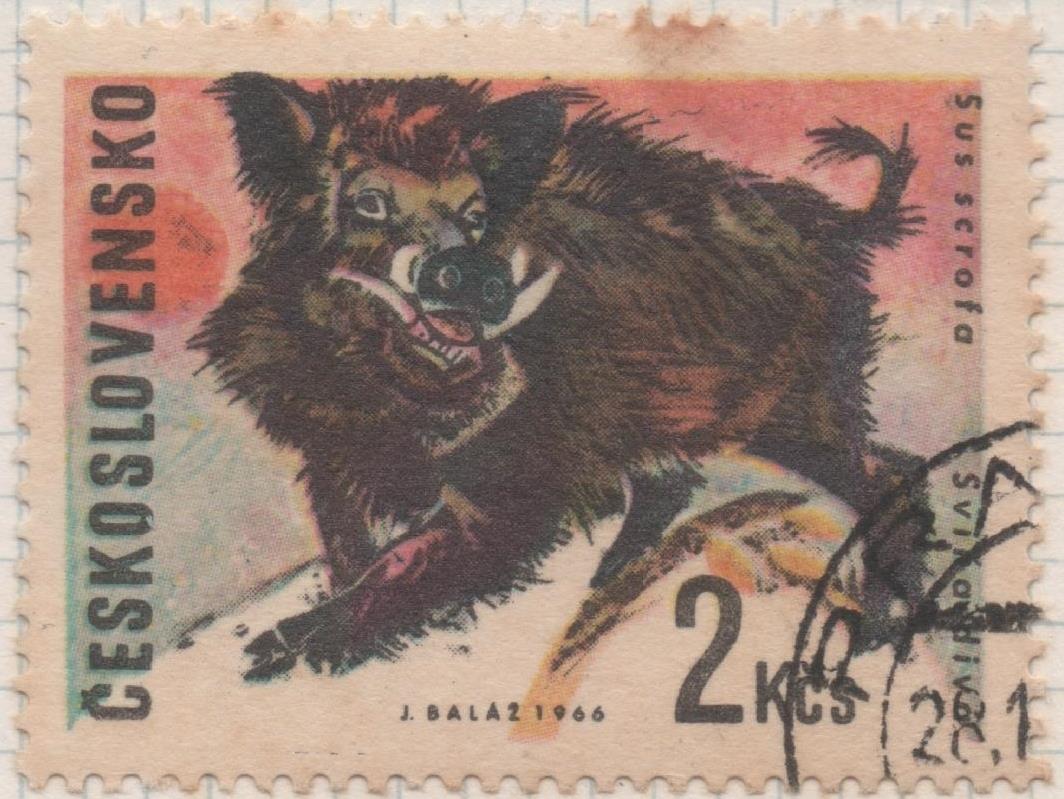 Sello E01382; hoja 88, Checoslovaquia: Sello Multicolor, dentado. Animales de caza. Jabalí (Sus scrofa), 2 Koruny